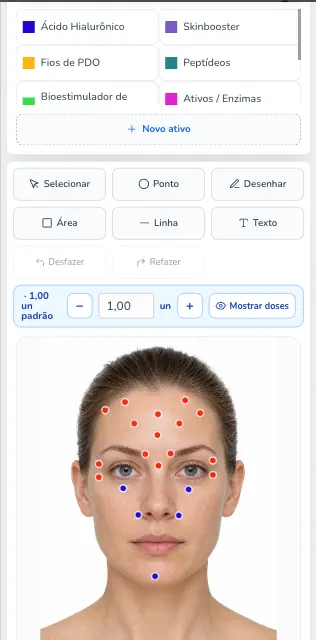 O Mapa de Aplicações aberto no celular, com a lista de ativos, as ferramentas de marcação e o rosto com os pontos aplicados